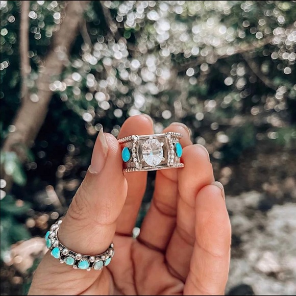 Navajo Kingman Turquoise and Topaz Engagement Cuff Ring - Picture 2 of 8